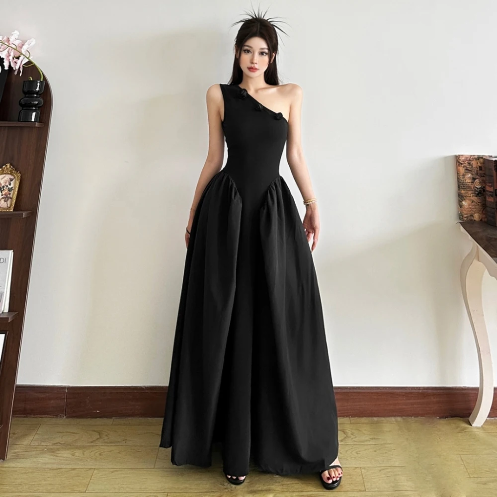 SylCue 3d Flower Decoration Long Dress Women Irregular Skew Collar Backless Sleeveless Prom Party Elegant A-Line Solid Vestidos