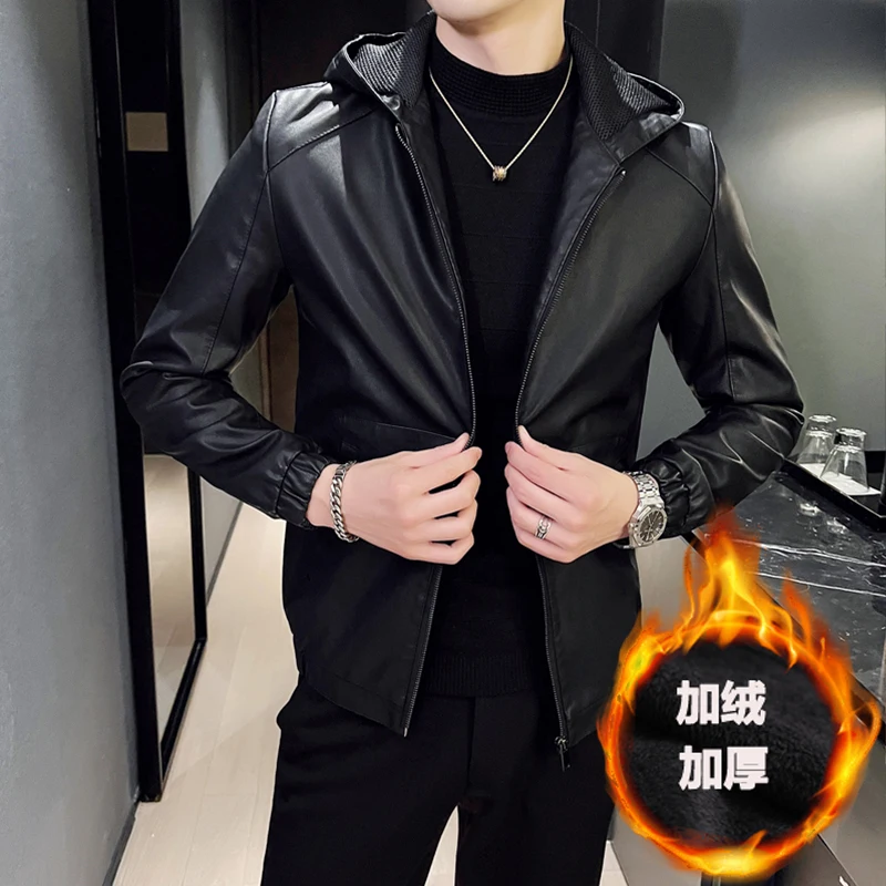 2023 Hip Hop Men Hooded Leather Jacket Plus Size 5XL Slim Fit Black Motorcycle Leather Coats Autumn Korean Mens Biker Clothing