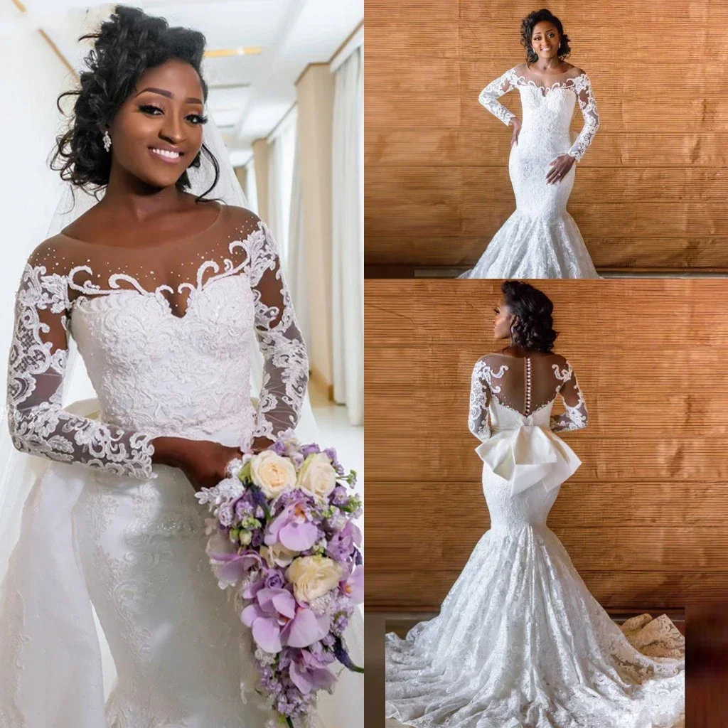 Aangepaste vintage Afrikaanse lange mouwen zeemeermin trouwjurk afneembare trein luxe off-shoulder kanten applique plus maat Brida