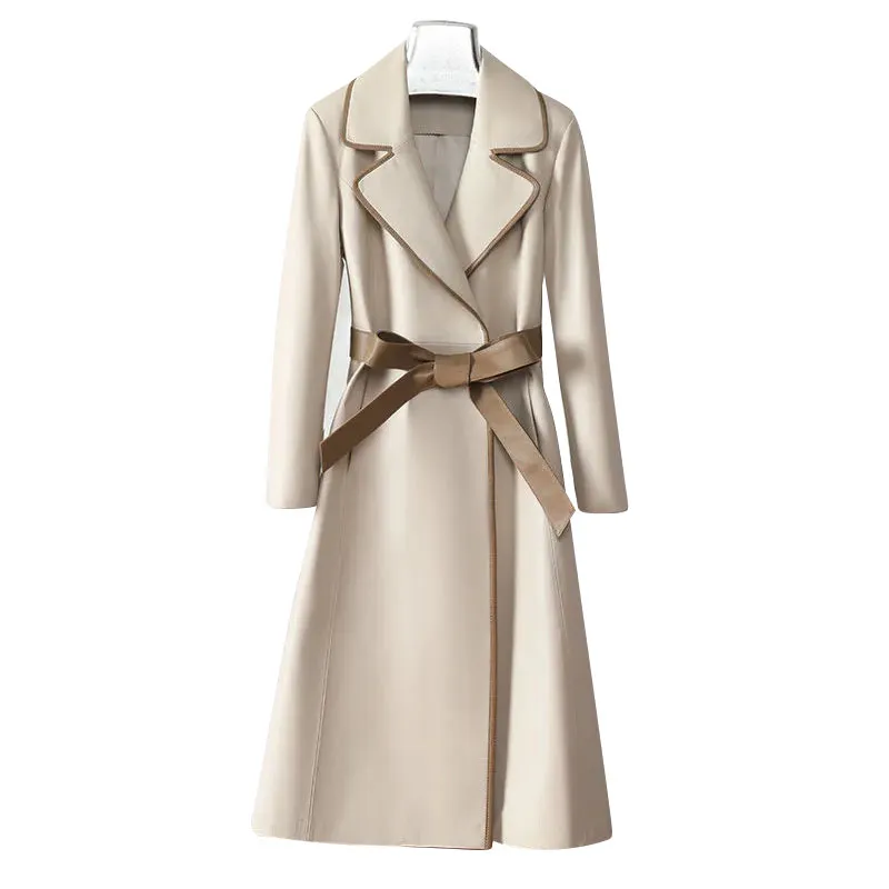 Trench-coat en cuir mi-long pour femme, slim, couleur laçage, printemps 2022, qp100