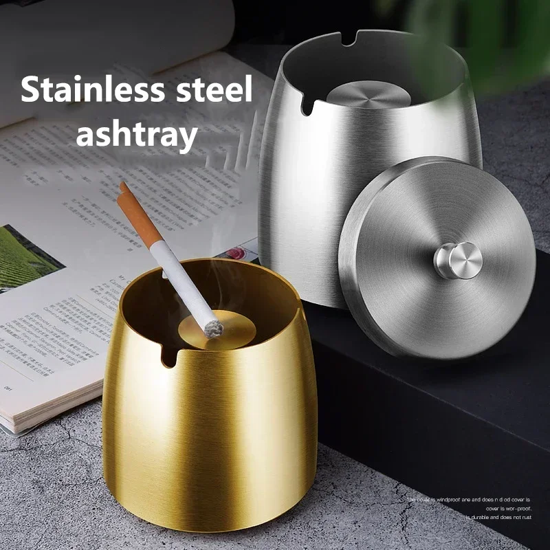 1Pc Stainless Steel Car Ashtray Titanium Plated Design Thick Tall Body Anti Fly Ash With Lid Interior Accessory