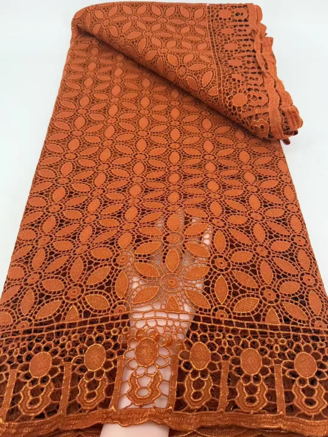 

5 Yards Orange Guipure Lace Fabric African Cord Lace Fabric 2025 High Quality Nigerian Water Soluble Material WIth Sequins Dress