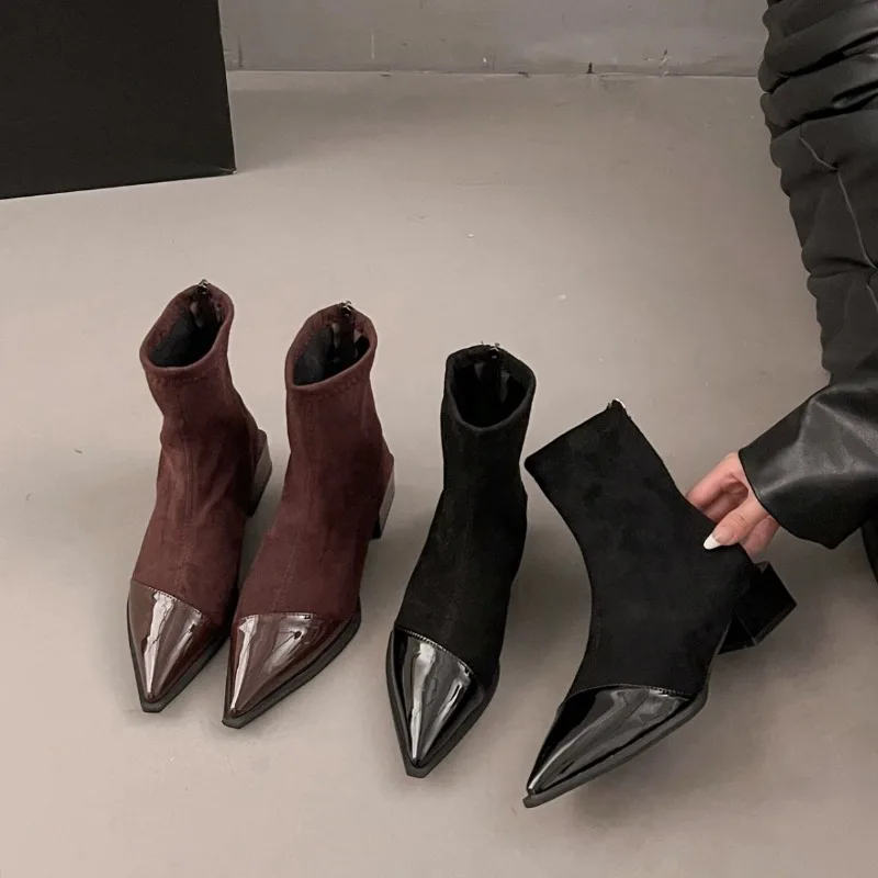 

Fashion Leather Pointed Toe Ankle Boots for Women Brand Designer Suede Short Boots Thick Medium Heel Women's Shoes Botas Mujer
