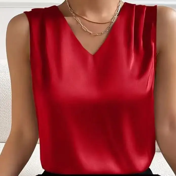 New Women's Satin Vest V-neck Elegant Top Elegant Commuting Office Wear Pullover Sleeveless Shirt for Female