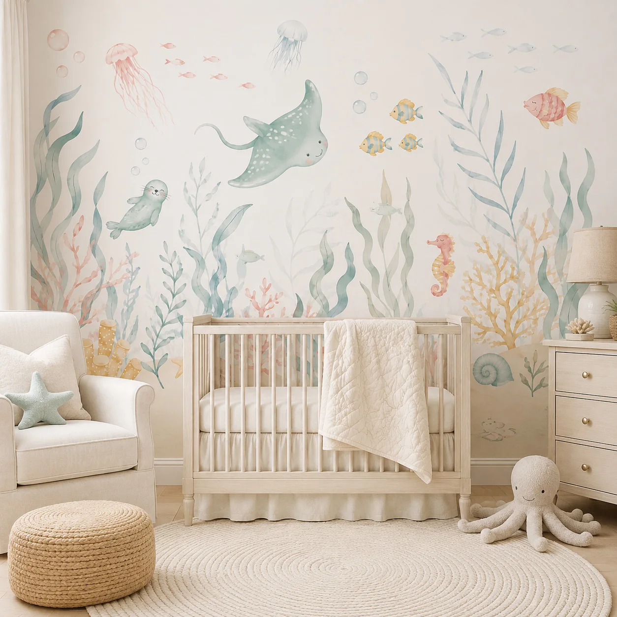 Ocean Animals Self Adhesive Wallpaper Pastel Sea Life Wall Mural Peel and Stick Nursery Kids Bedroom Baby Room Decor Art Designs