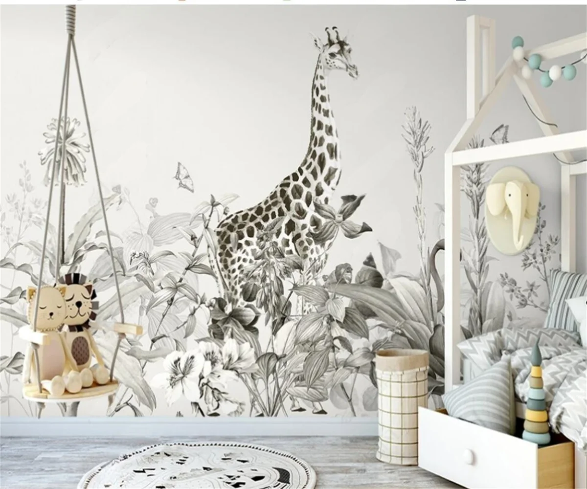 Custom mural black and white forest cartoon wallpaper elephant giraffe children's room wall painting decoration 3d wallpaper