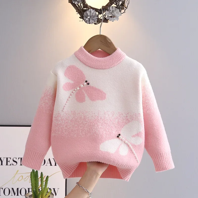 New Fall Winter Cute Pearl Dragonfly Sweater Mix Color Girl Pullover Korean Style Round Neck Princess Sweaters for Girls JY09121