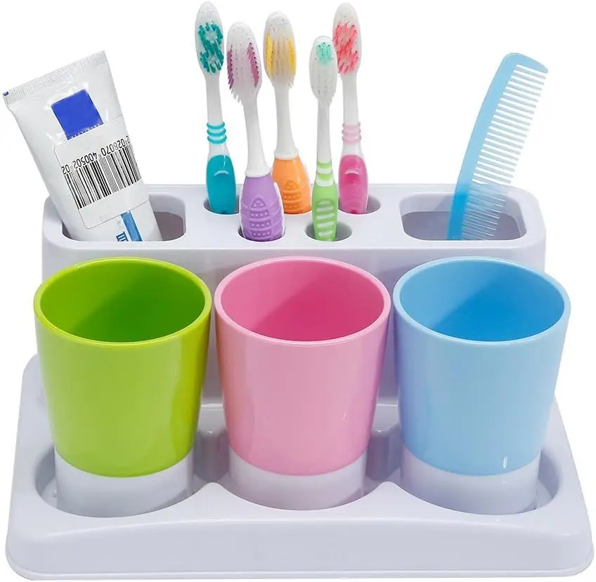 

Toothbrush Toothpaste Holder Stand with 3 Rinse Cups for Bathroom Storage Organizer
