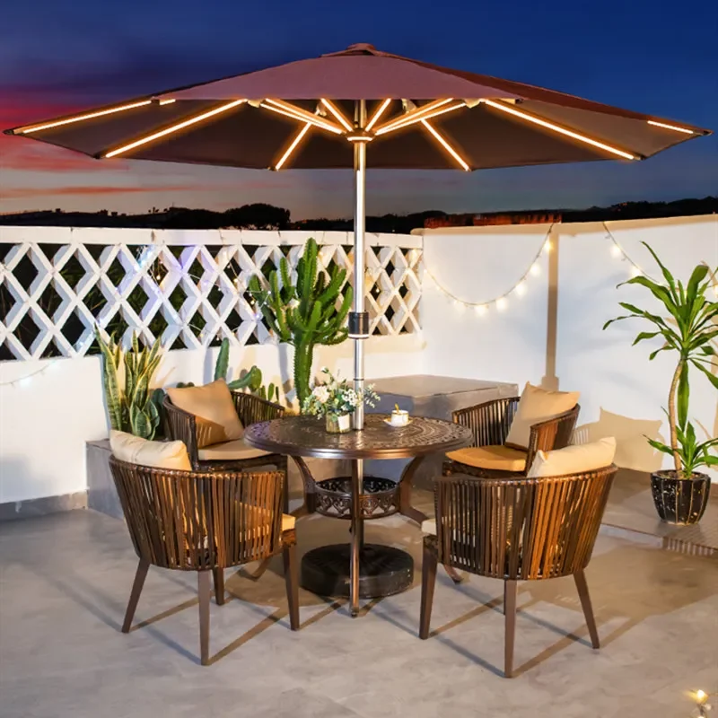Solar LED Patio Umbrella with Central Pole Outdoor Garden Parasol for Cafe Balcony