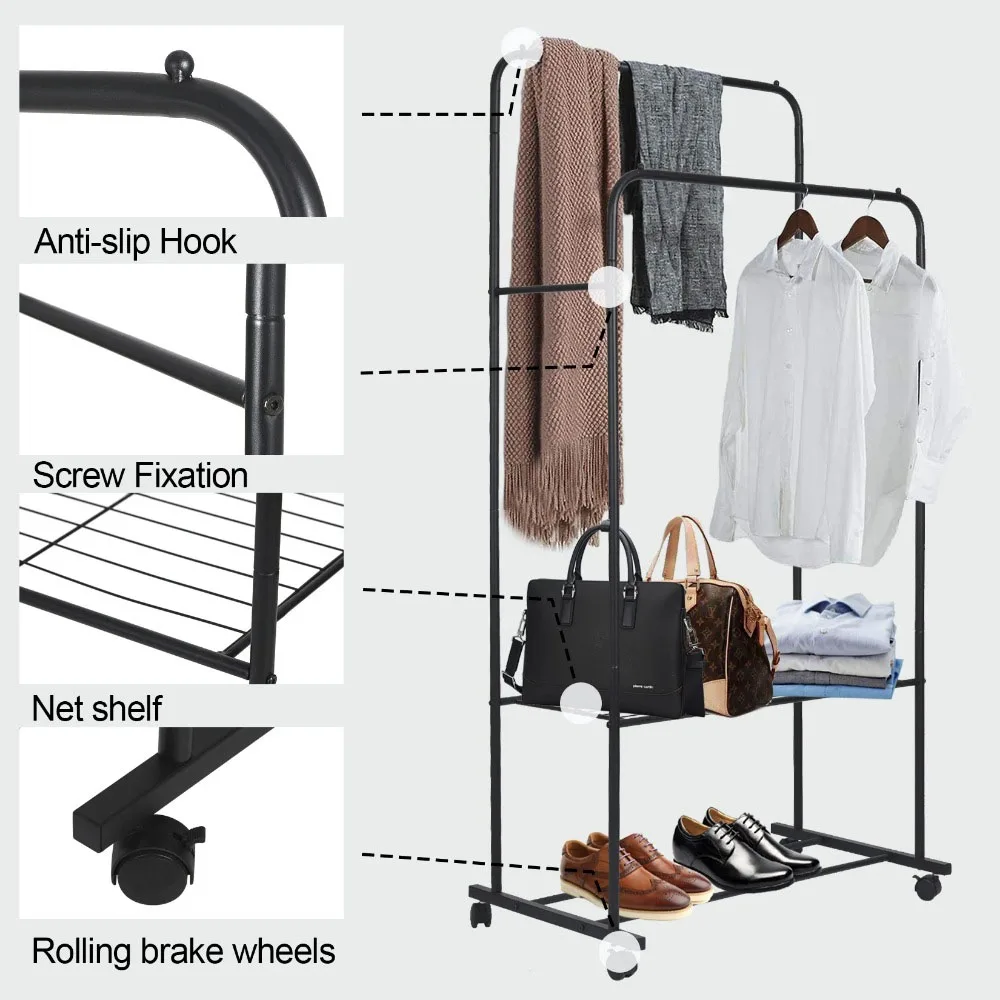 Large Clothes Rack Double Rail Rolling Stand Shoes Rack Storage Shelf Double Layer Double Rod Hanger