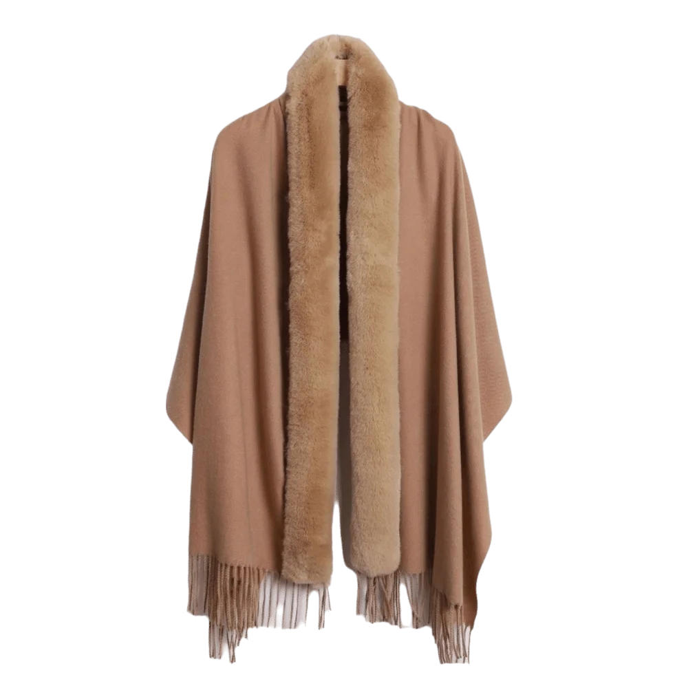 Minimalist Oversized Faux Fur Collar Shawl Tassel Soft Oversized Warm Cape Polyester Warm Lining Wrap Poncho Indoor