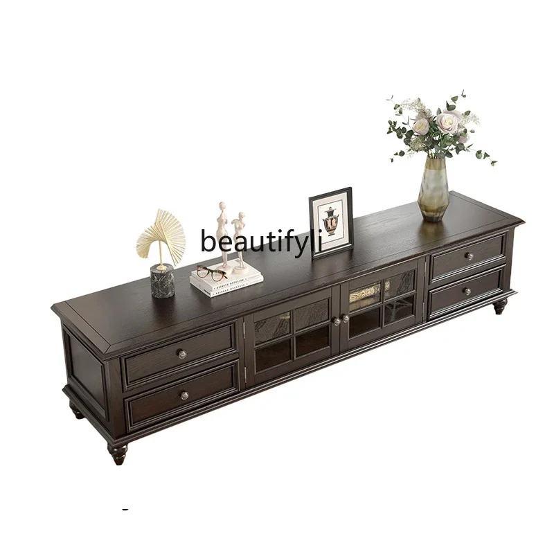 

American Country Solid Wood TV Cabinet Retro Living Room Floor Cabinet Coffee Table Simple TV Stand