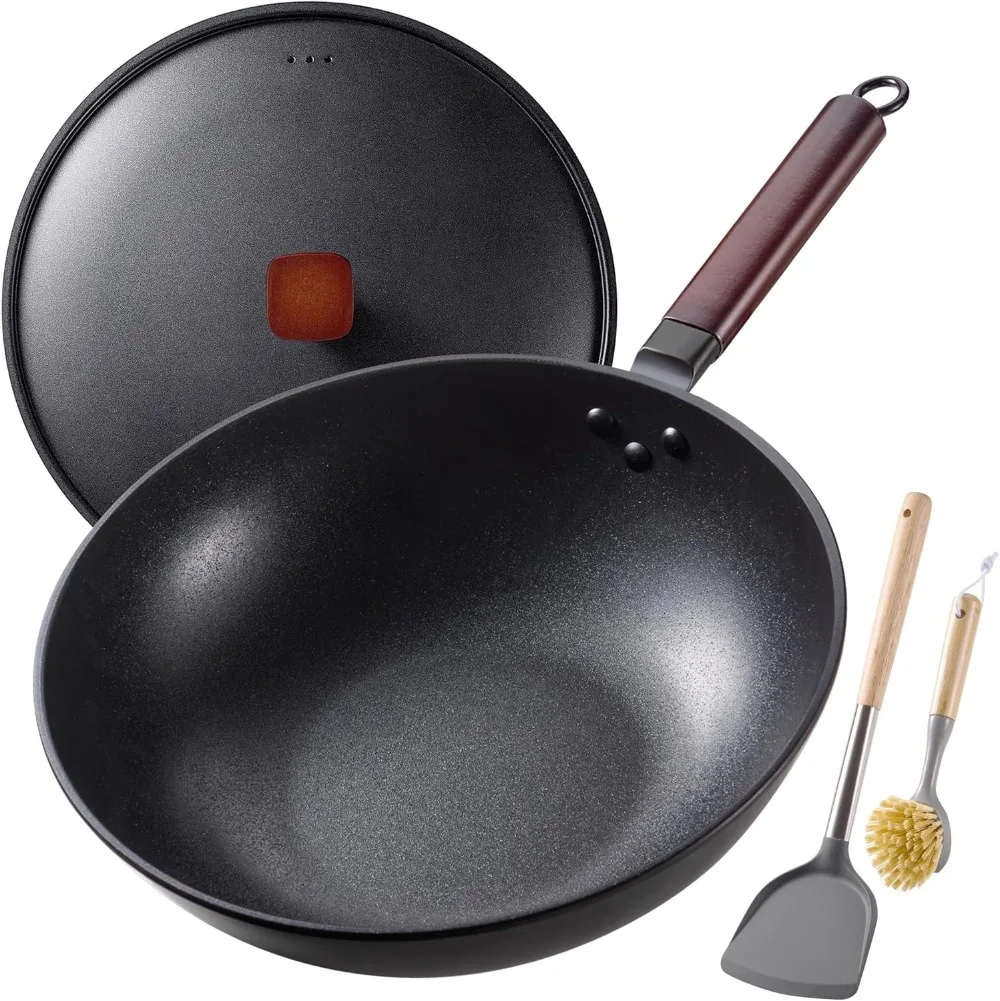 Wok de acero al carbono -Woks de 13 pulgadas y sartenes antiadherente, sartén para Wok con tapa, espátula y cepillo para platos: fondo plano preazonado