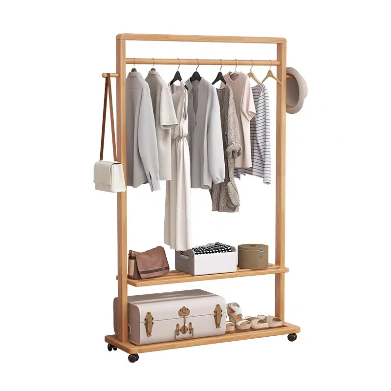Rubber wood solid wood bedroom hanging clothes clothing store with wheels movable fitting rack