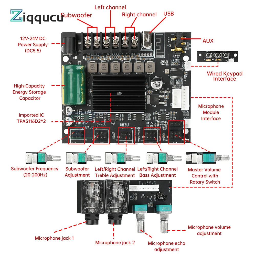 

MT21S Bluetooth 2.1 Channel Audio Amplifier Board 50W*2+100W Audio Stereo Amplifier Board with Dual Mic Input