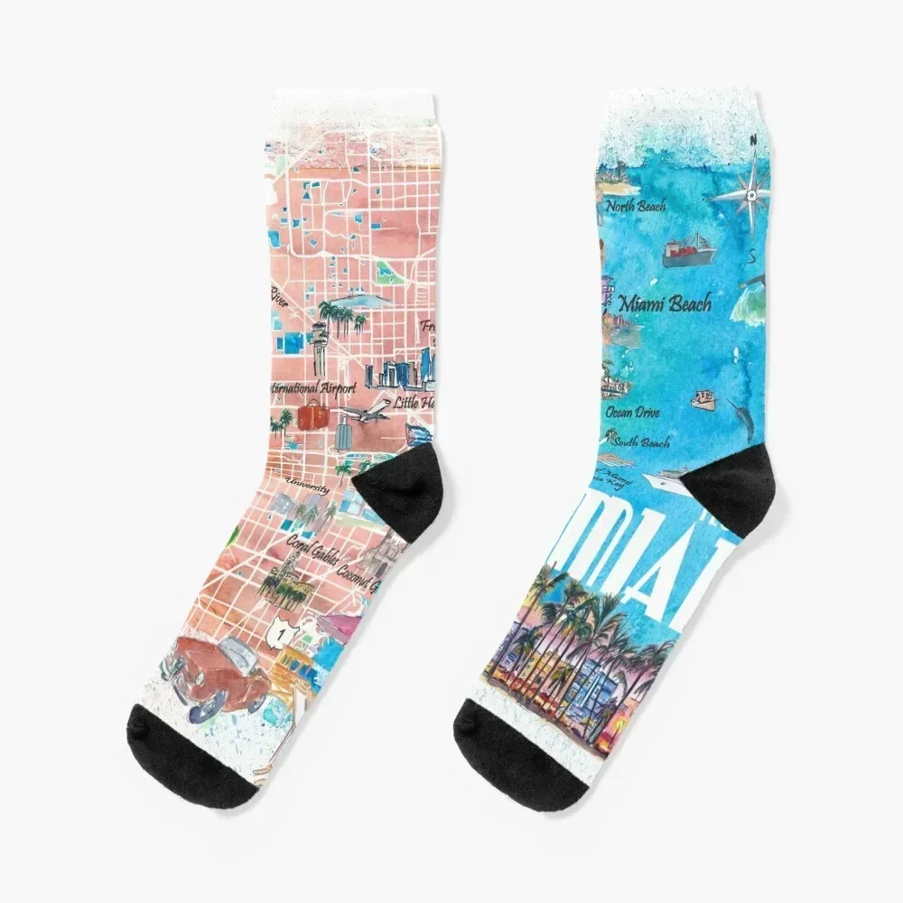 Miami FloridaIllustratedTravelMapwithRoadsandHighlights Socks cute Hiking boots halloween Designer Man Socks Women's