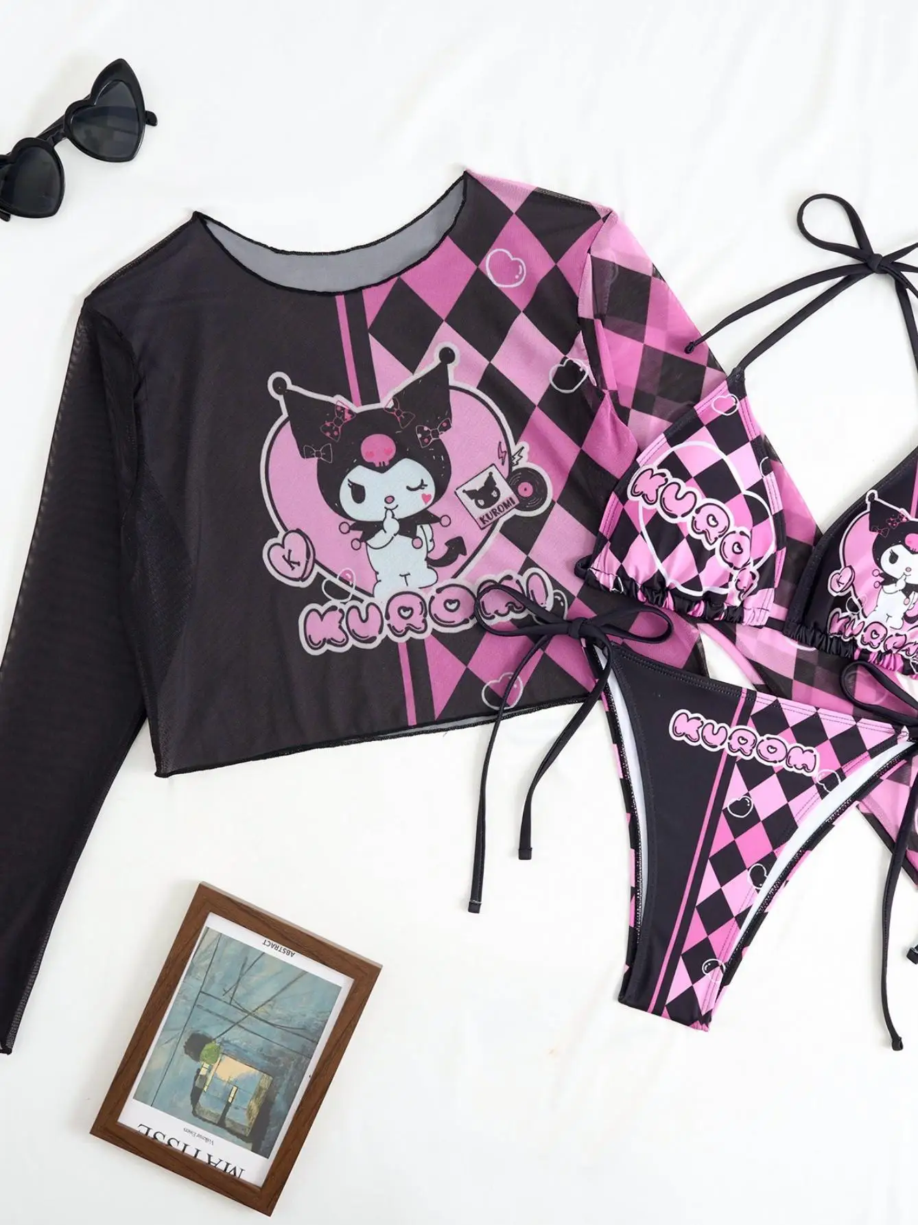 3 pcs/a set Sanrio Kuromi Black & Pink Checkerboard Cute Cartoon Gir Bikini Small Breast Gathers Beach Vacation Style