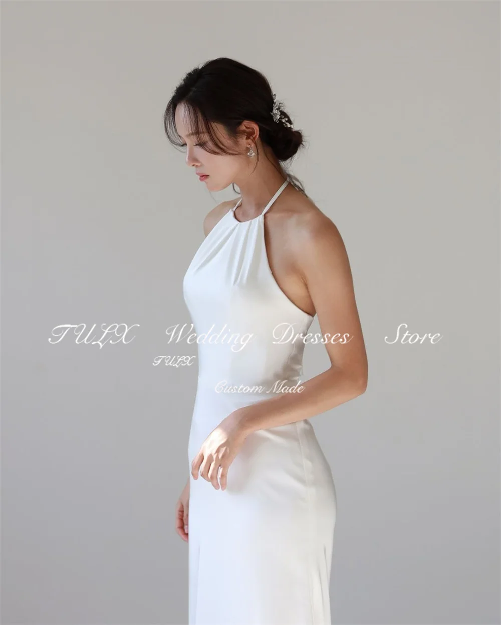 TULX Semplice Halter Senza Maniche Corea Matrimonio Servizio Fotografico Abito Sirena Lungo Sweep Treno Corsetto Donne Abiti da Sposa Personalizzato 2025