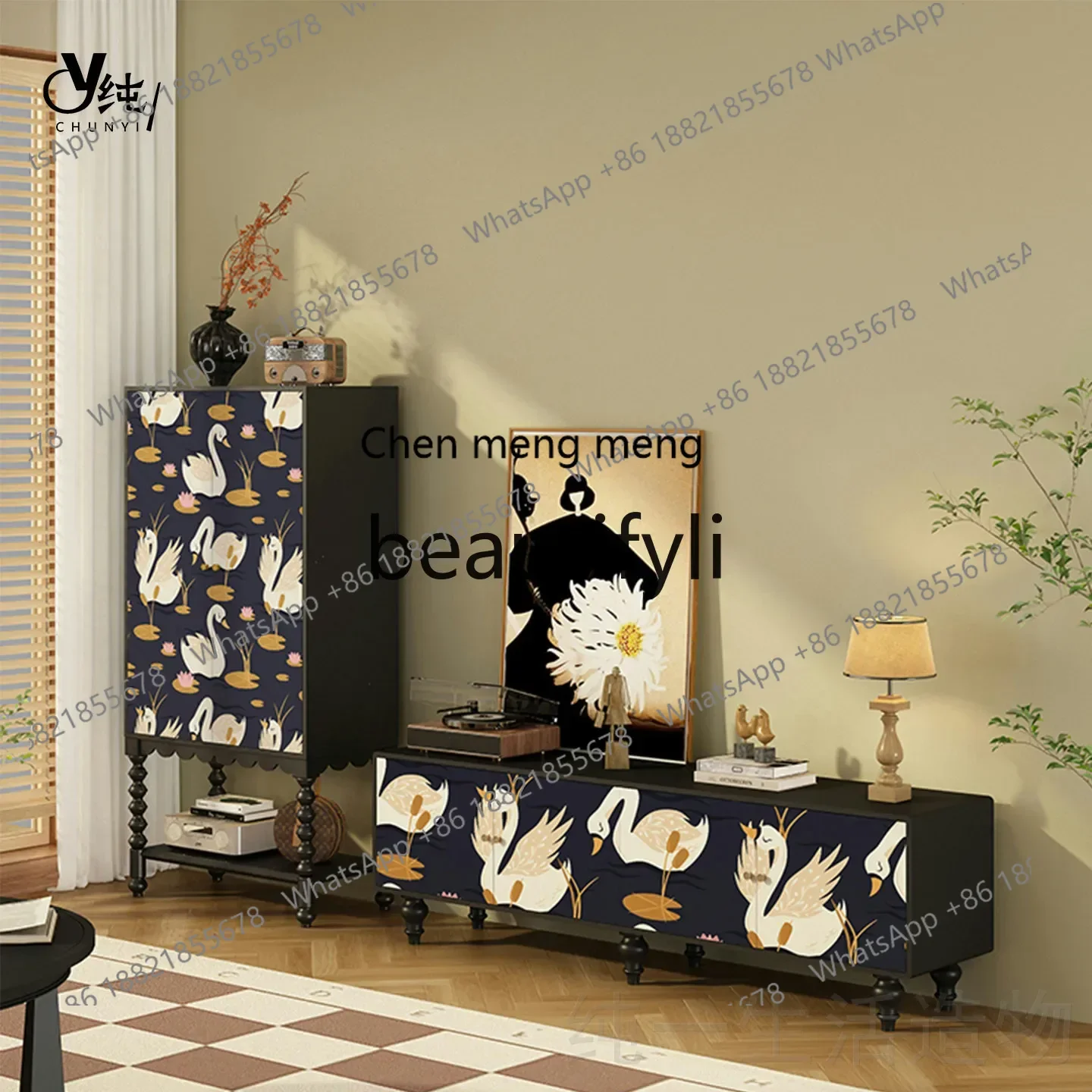 A32 French Cream Style Decorative Solid Wood High Cabinet TV Cabinet Combination Living Room Storage Cabinet