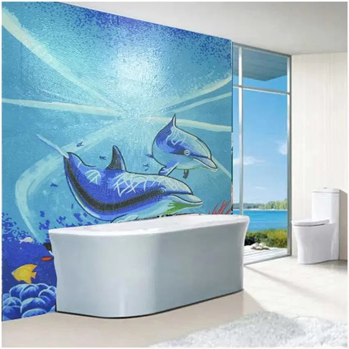 

Customized lbue mix green dolphin pattern swimming pool mosaics crystal glass art mosaic pattern wall decor