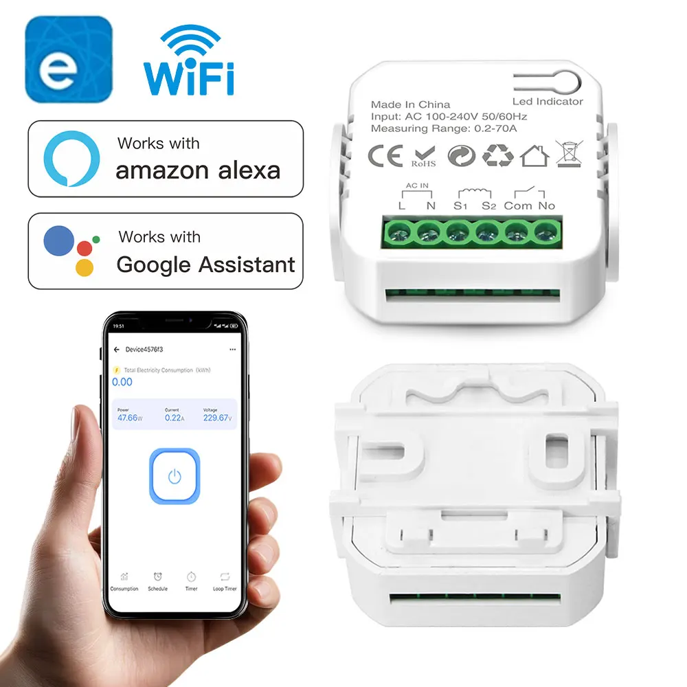 

eWelink Smart WiFi Energy Meter 70A 1/канальный и умный переключатель с зажимом, монитор приложения, солнечный экспорт и импортная мощность 110/240 В