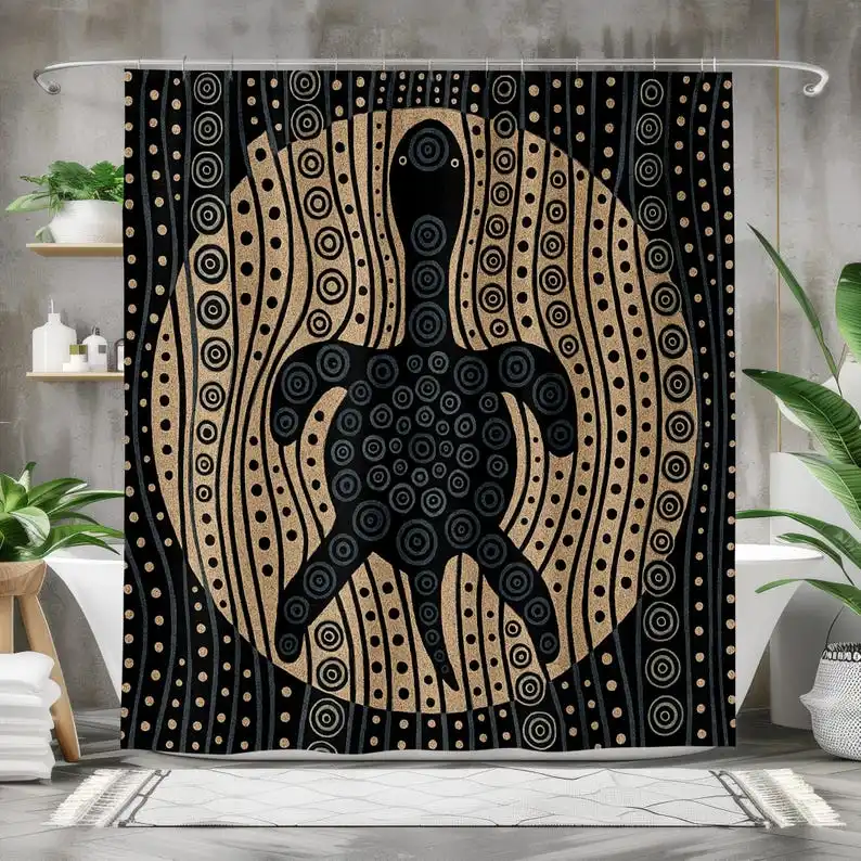 

Turtle Shower Curtain with Aboriginal Dot Art Design, Ethnic Boho Bathroom Decor Waterproof Black and Beige Fabric Curtain