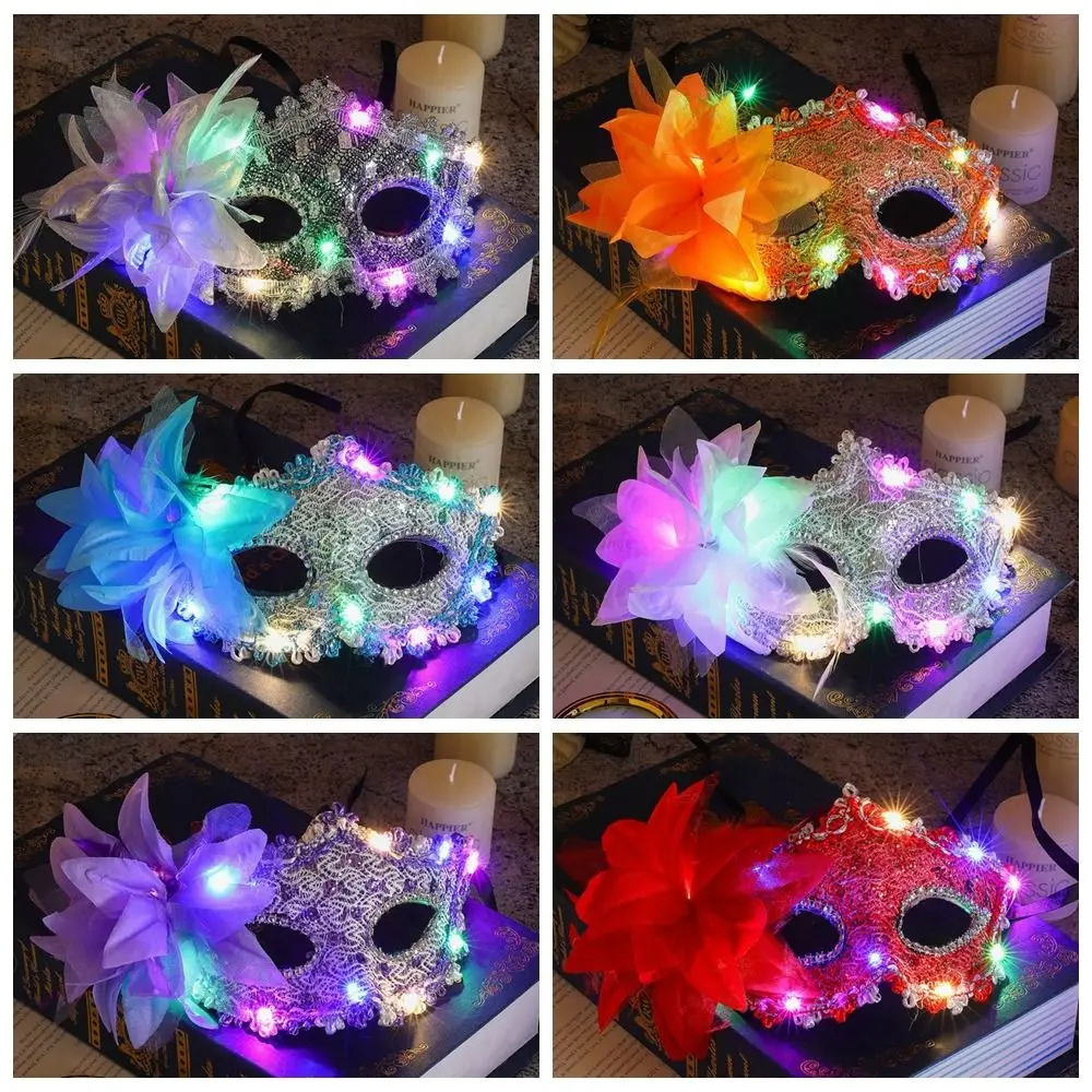 หน้ากากพลาสติกเรืองแสง LED แบบครึ่งหน้า ประดับลูกไม้ ขนนก ดอกไม้ สำหรับแต่งหน้า หน้ากากเวนิสเรืองแสงสำหรับผู้หญิง