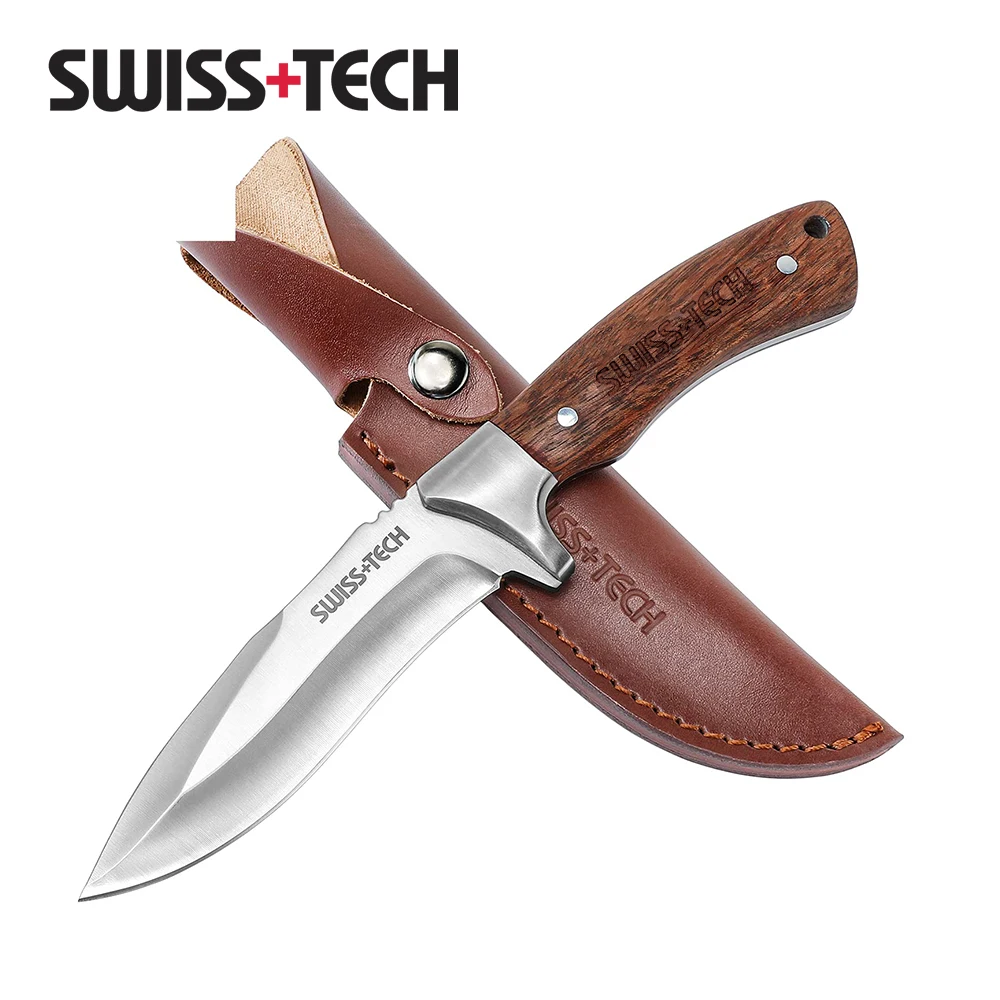 

SWISS TECH Fixed Blade Survival Knife, Camping knives with Leather Sheath, Hunting Jungle Outdoor, Meat Fruit Cutting Tools