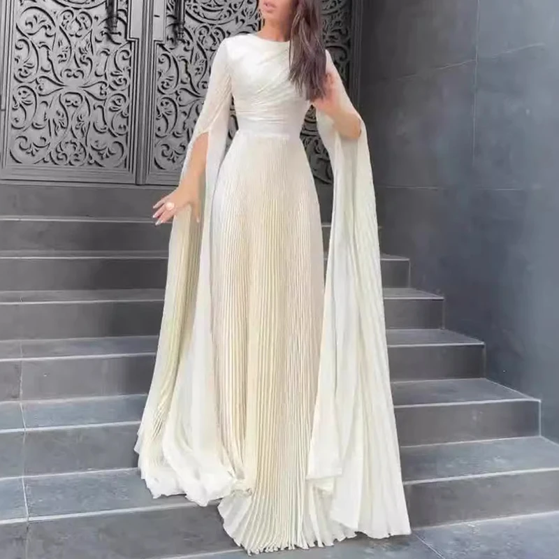 Elegant Solid Color Pleated Robe Dress Fashion High Waist Slim Evening Dress 2024 Autumn Women\'s O-neck Long Sleeve Party Dress