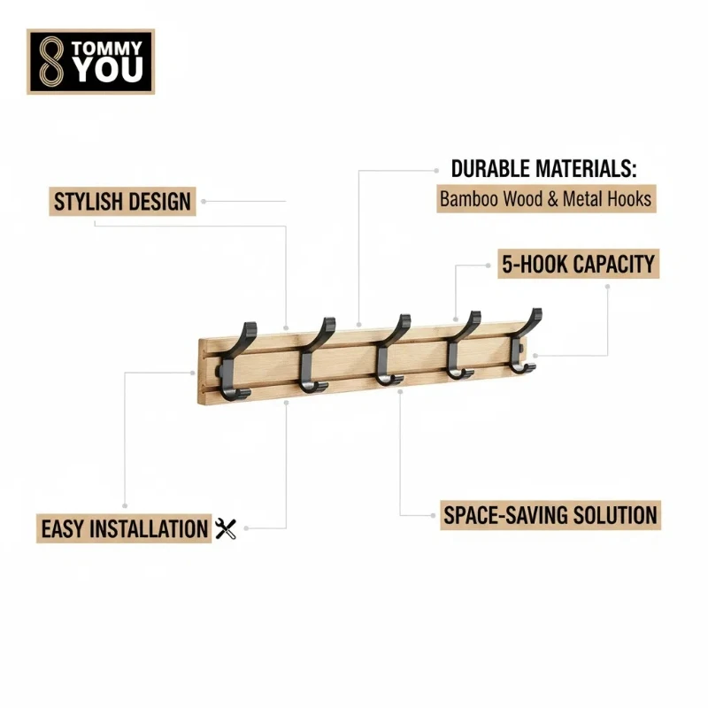 Detachable Hook, Bamboo Board Wall Hook, Strong Screw Fixation, Suitable for Living Room/bathroom/kitchen/bedroom