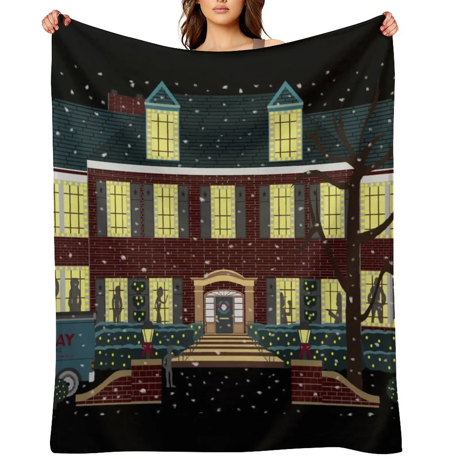 

home alone house at night shadows dancing in the window (snow version) Throw Blanket Flannel halloween Sofas Blankets