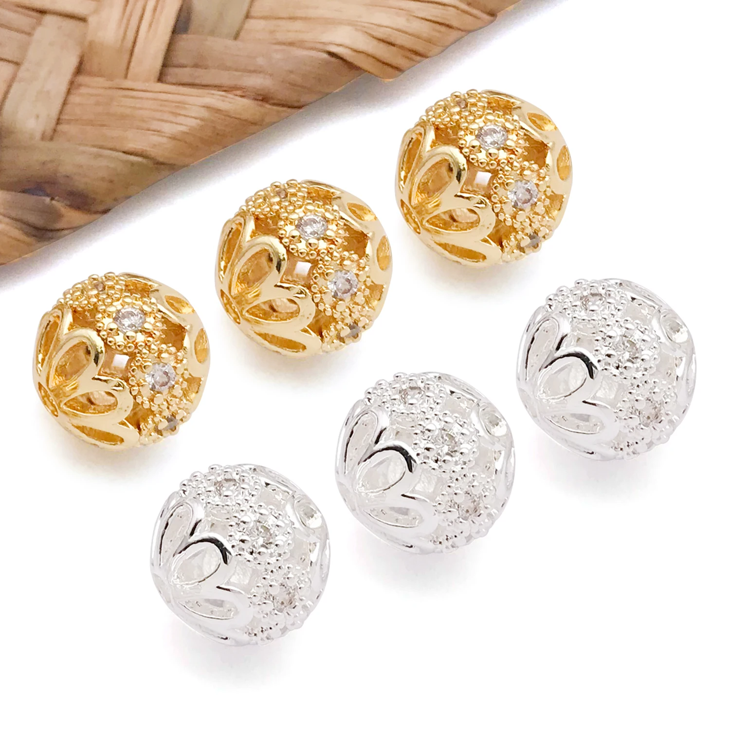 5pcs 18K Real Gold Plated Brass with Zircon Round Beads Hollow Spacer Beads For DIY Bracelet Necklace Jewelry Making Accessory image 3