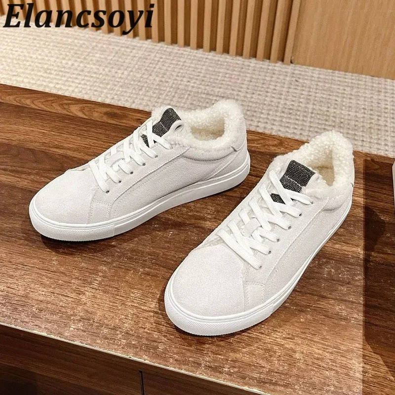 Flat Shoes Autumn Winter Cow Suede String Bead Decor Lace-up Walking Shoes Women's Plush Lining keep Thick Bottom Casual Shoes