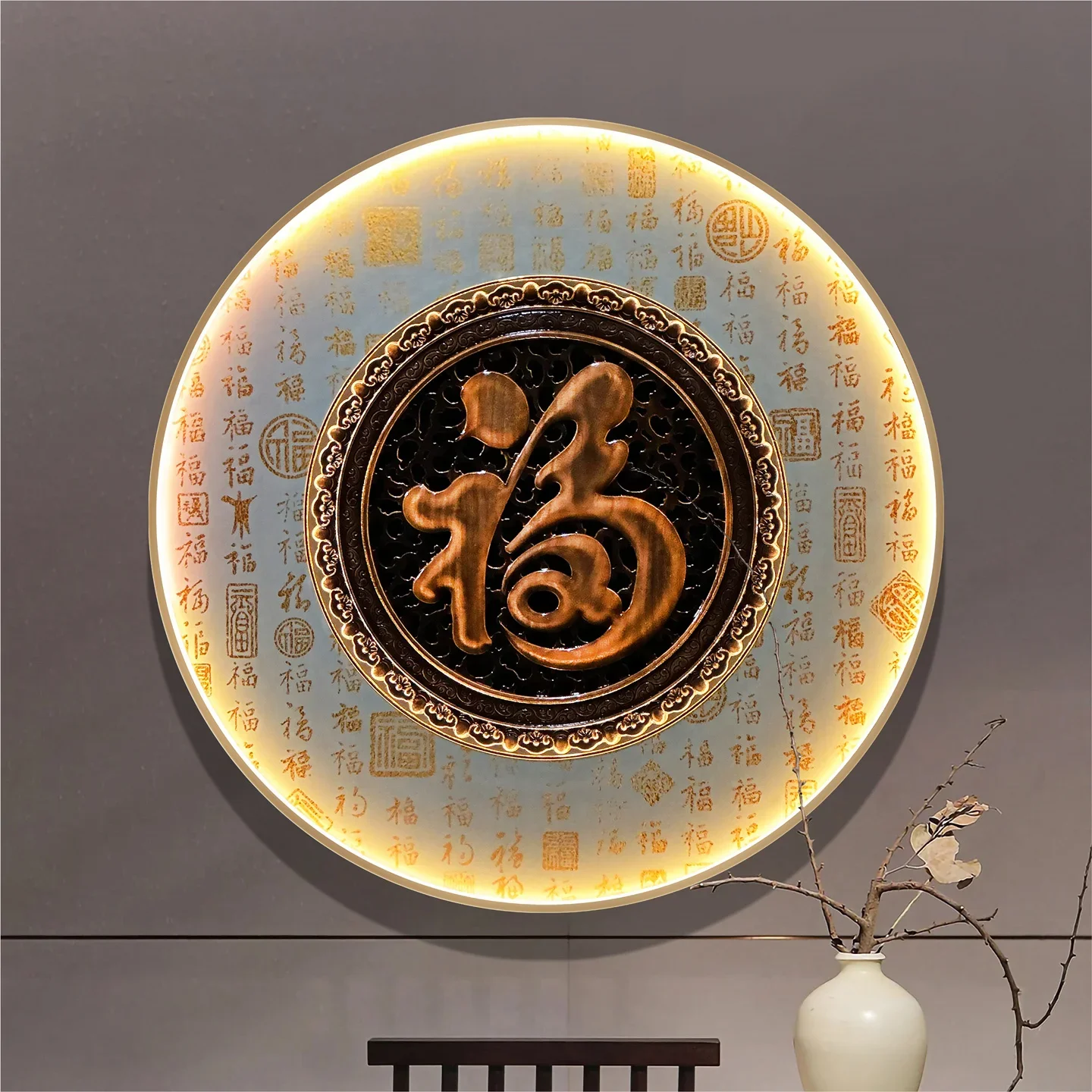 Entry entrance decorative painting Fu character walkway wall hanging painting New Chinese style round luminous lamp painting Bai