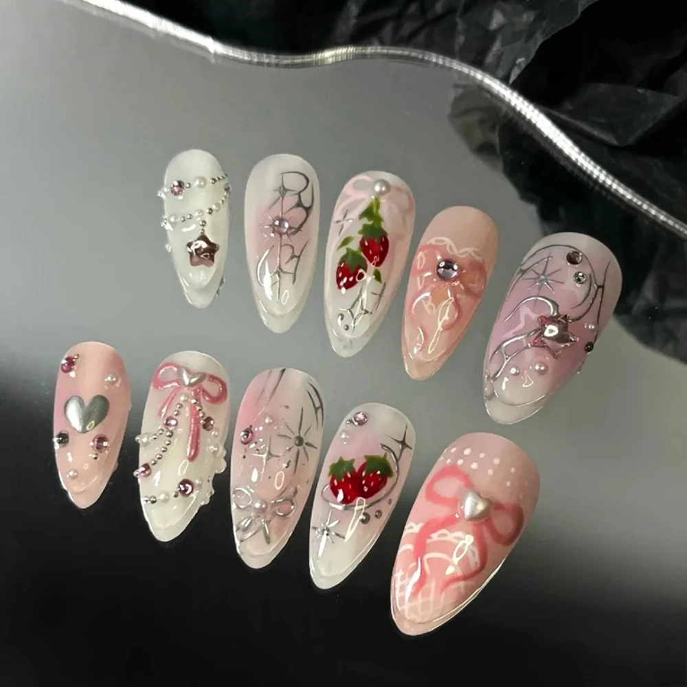 10 Pcs Handmade Press On Nails 2024 Pink Ballet 3D Bow Limited  Medium Almond False Nails Salon Design Art DIY Nails with Set