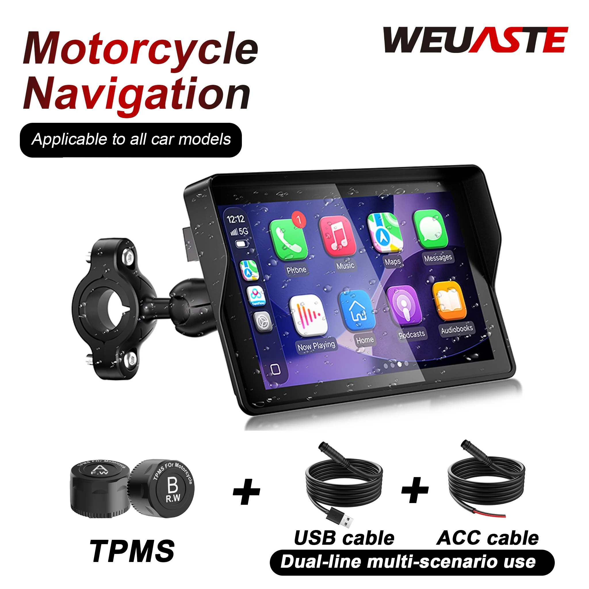 WEUASTE 5-Inch Motorcycle Navigation System Ball Head Mount Bracket USB Cable + TPMS, Suitable for All Motorcycles.