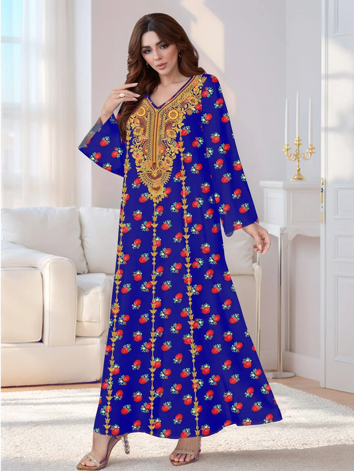 Eid femmes Robe col en V musulman Abaya imprimer robes Largos caftan arabe Robe longue Jalabiya Ramadan élégant longues robes 2025