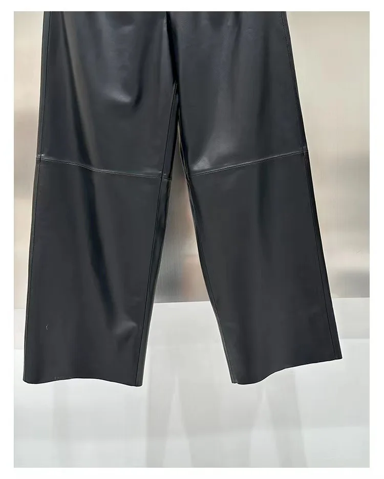 2023 Women New Genuine Leather Pants Elastic Waist Loose Lambskin Wide Leg Pants E73