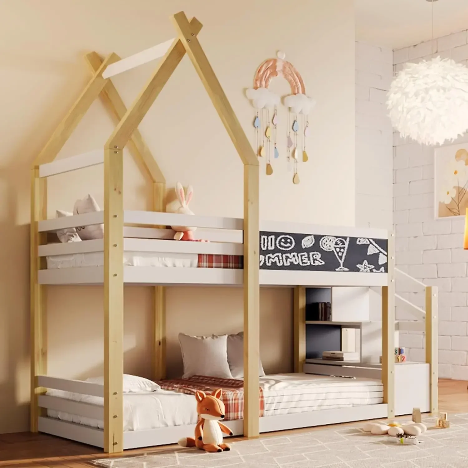 

Twin Over Twin House Bunk Bed Frames With Storage Staircase And Blackboard For Teens, Girls Or Boys