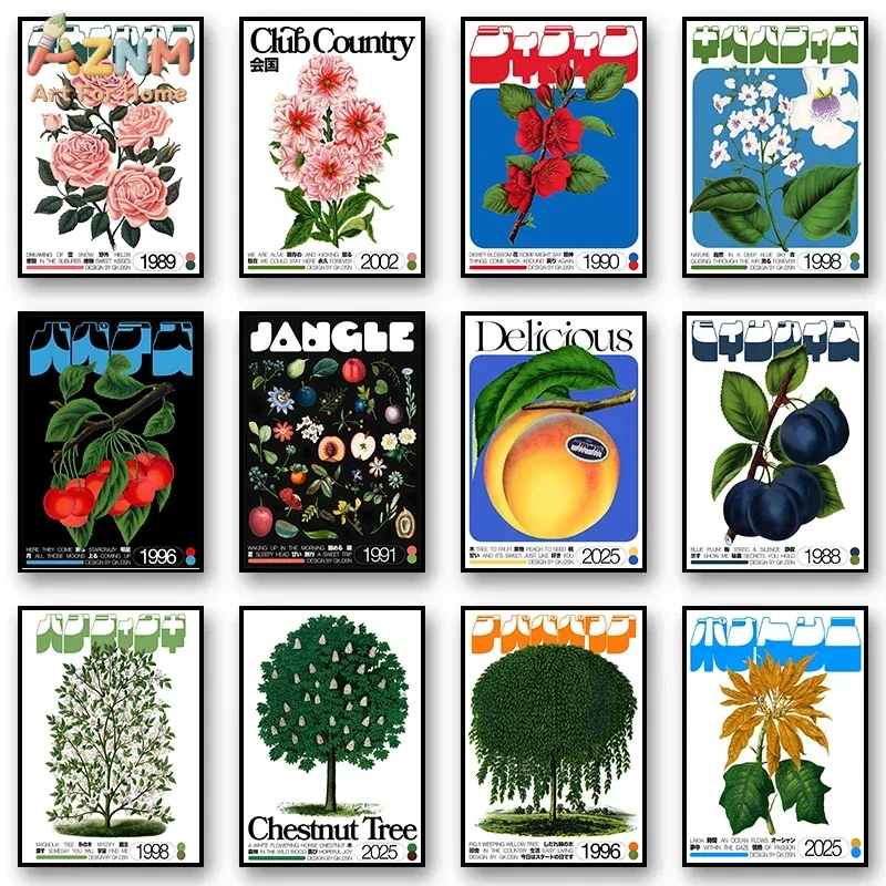 

AZNM Botanical Japanese Style Canvas Wall Art Print, Frameless Single Panel Retro Floral & Fruit Illustration Poster, Vintage Na