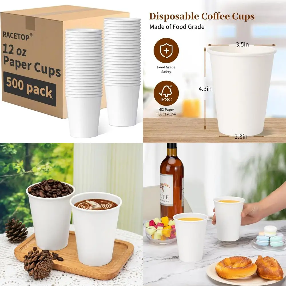 

12 oz Disposable Paper Coffee Cups, Pack of 500, Suitable for Hot Beverages, White