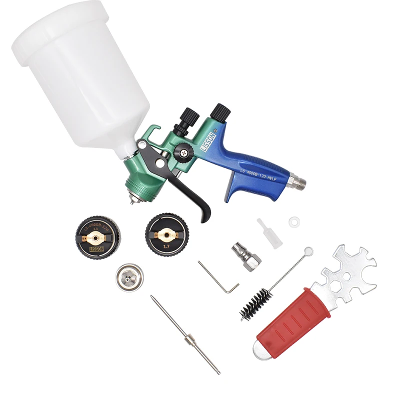 Nuova pistola a spruzzo ad aria da 1,3 mm con kit ugelli da 1,7 mm con tazza di miscelazione Pistola per verniciatura a spruzzo per riparazione auto Aerografo per verniciatura auto 4000B HVLP