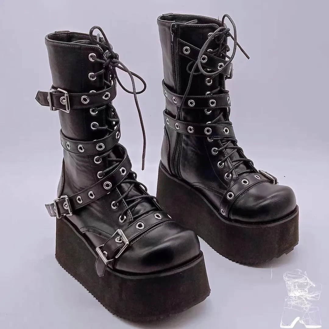 

Plus Size 43 Autumn Women Boots Buckle Round Toe Wedges Platform Boots Punk Goth Women Street Shoes Combat Boots for Women