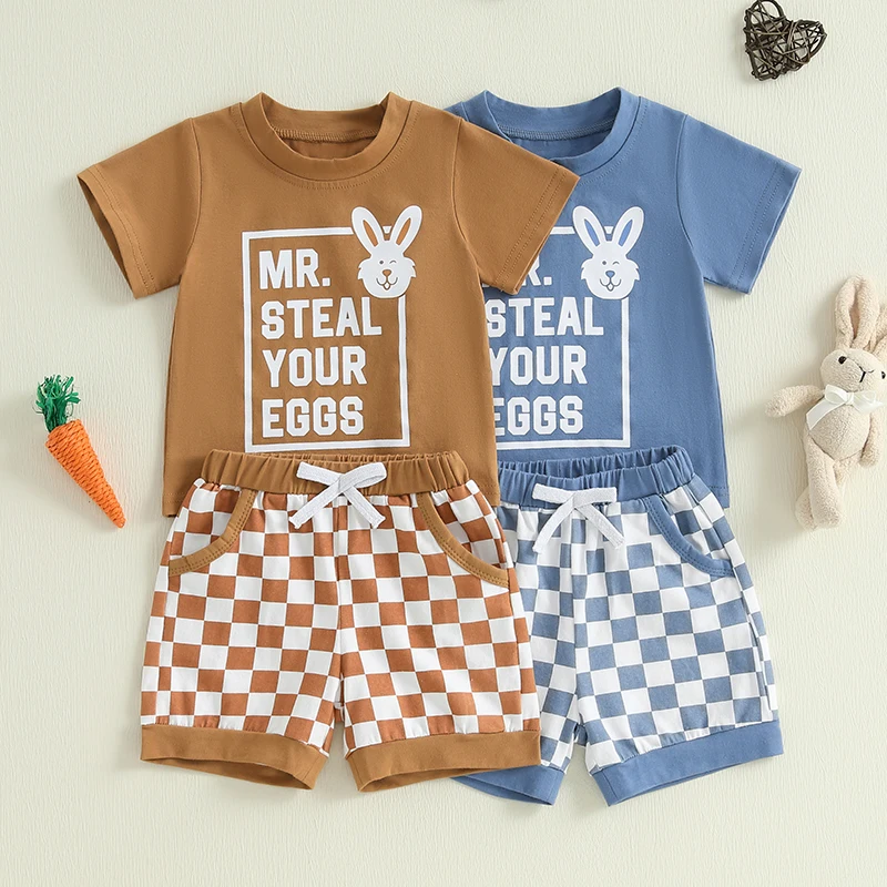 2024-12-17 Lioraitiin 6M-4Y Summer Toddler Baby Boy Easter Outfit Letter Bunny Short Sleeve T-shirt Checkered Shorts Set