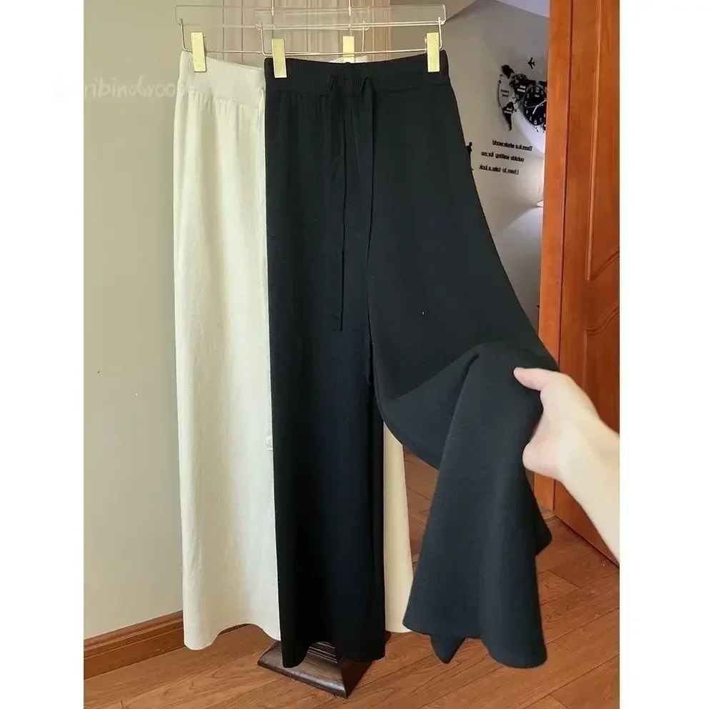 Pantalones de pierna ancha de punto Simple para mujer, Pantalones rectos gruesos de cintura alta, otoño e invierno, 2023