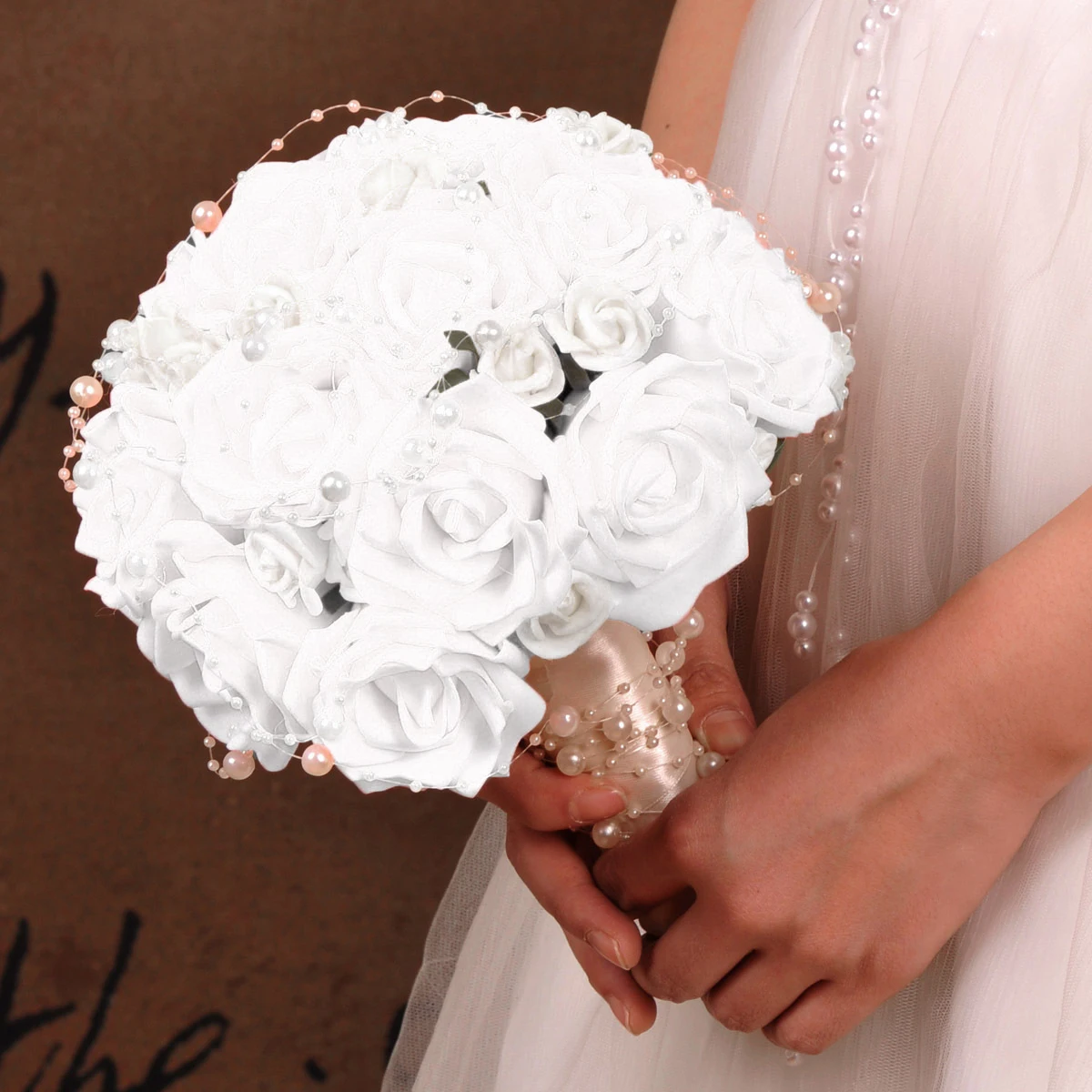 

50Pcs Realistic Foam Rose Flowers White Bridal Wedding Bouquet Artificial Floral Decoration