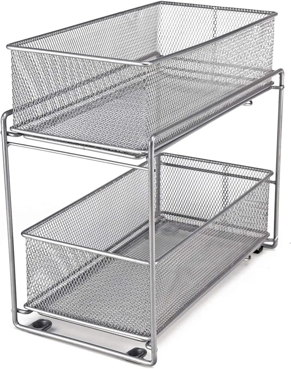 

2 Tier Sliding Basket Stackable Cabinet Pull-Out Drawer Mesh Organizer for Kitchen Under Sink Storage (Silver)