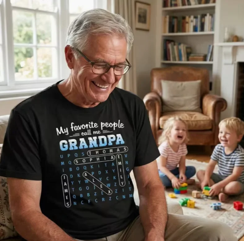 Grandpa Dad Word Search Puzzle Shirt  Vintage Crew Neck Fit Slight Stretch Fabric, Geometric Perfect Gift for Grandpa, Dad