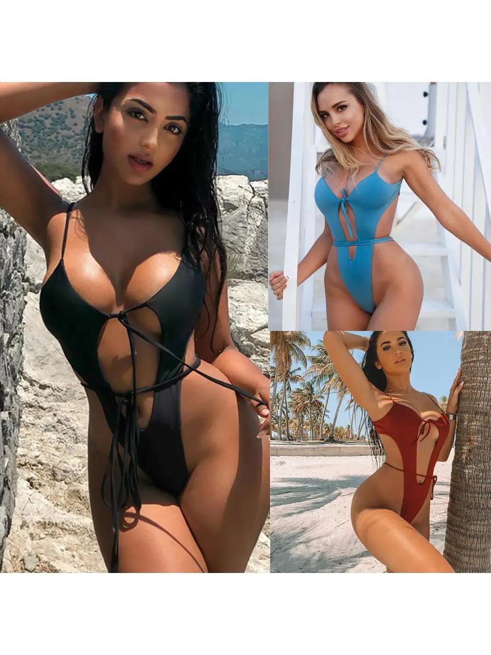 

Sexy Strappy Bikini Swimsuit Pure Color Tie-Dye Separate Swimwear Triangular Design No Steel Support Chest Pad Polyester