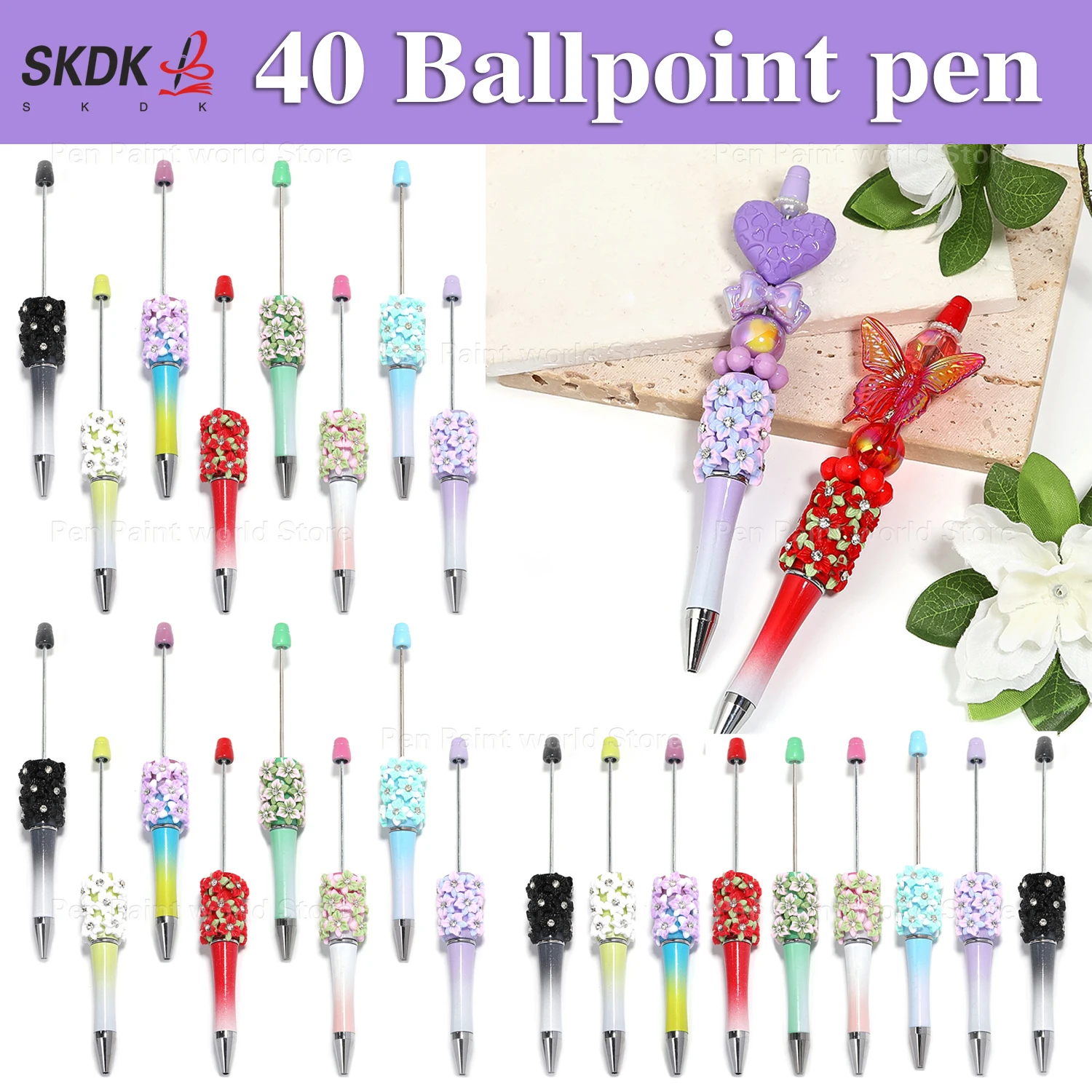 

40Pcs DIY Gradient Bead Pen – Camellia-Embellished Ballpoint Pen Gift for Back-to-School, Planners & Crafts